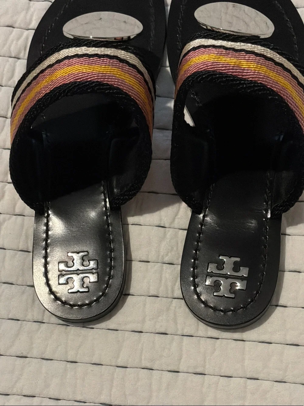 Tory Burch Black Leather Thong Sandals with Multicolor Striped Strap